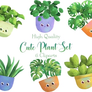 Può includere: Set di sei piante in vaso di cartoni animati carine con facce sorridenti. Le piante sono di vari colori e stili, tra cui verde, blu, giallo e arancione. Tutte le piante sono in vasi con uno sfondo bianco.