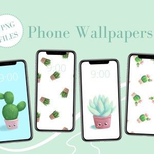 Cute Cactus elements Phone Wallpapers • Set of 4 Phone Backgrounds • Succulent Instant Download • Plant Digital illustrations