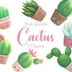Cute Cactus Cliparts • Plant stickers • Succulent PNG • Cute plant clipart • Set of 7 Cliparts