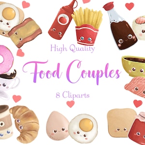 Cute Food Couples Cliparts • Kawaii Food stickers • Romantic food PNG • Comfort food clipart • Set of 8 Cliparts