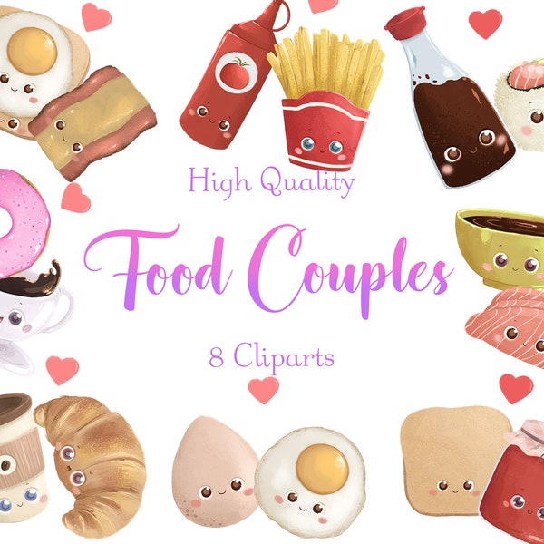 Cute Food Couples Cliparts • Kawaii Food stickers • Romantic food PNG • Comfort food clipart • Set of 8 Cliparts