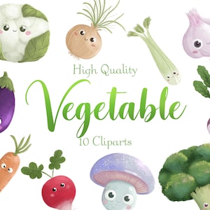 Cliparts de légumes mignons • Autocollants d'aliments sains • Nourriture végétarienne PNG • Clipart de nourriture fraîchement végétale • Ensemble de 10 Cliparts