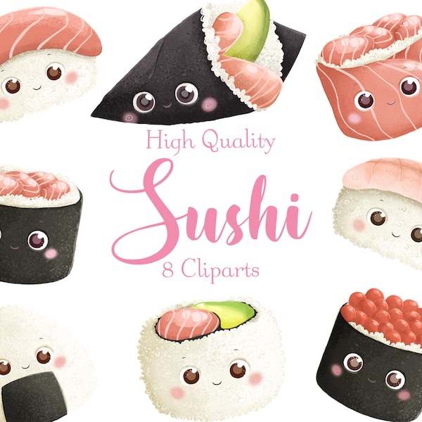 Cute Sushi Maki Cliparts • Food stickers • Japanese food PNG • Comfort food clipart • Set of 8 Cliparts