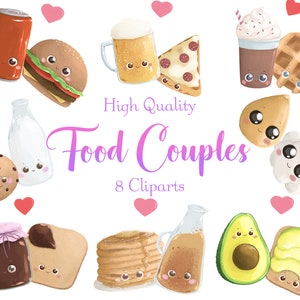 Kawaii Food Pairs Cliparts • Cute Food stickers • Romantic food PNG • Comfort food clipart • Set of 8 Cliparts