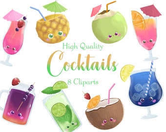 Mignon Summer Cocktails Cliparts • Boissons autocollants • Boissons exotiques PNG • Confort boissons clipart • Ensemble de 8 Cliparts