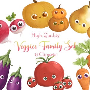 Cliparts de famille de légumes mignons • Autocollants d'aliments sains PNG • Ensemble de 6 cliparts de légumes heureux