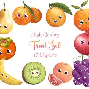 Cute fruits Cliparts • Healthy stickers PNG  • Set of 10 kawaii fruit Cliparts