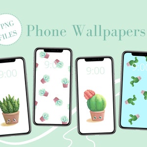 Cute Cactus elements Phone Wallpapers • Set of 4 Phone Backgrounds • Succulent Instant Download • Plant Digital illustrations