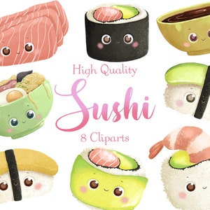 Süße japanische Essens-Cliparts • Lebensmittelaufkleber • Sushi Maki PNG • Komfort-Essen-Clipart • Set mit 8 Cliparts