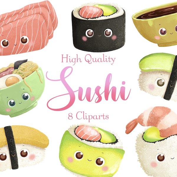 Cute Japanese food Cliparts • Food stickers • Sushi Maki PNG • Comfort food clipart • Set of 8 Cliparts