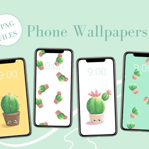 Cute Cactus elements Phone Wallpapers • Set of 4 Phone Backgrounds • Succulent Instant Download • Plant Digital illustrations