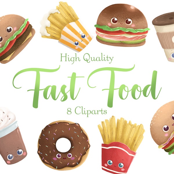 Cute Fast Food Cliparts • Kawaii Food stickers • Junk food PNG • Comfort food clipart • Set of 8 Cliparts