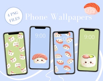 寿司の携帯電話の壁紙 • 和食 • 携帯電話の背景 4 枚セット • インスタントダウンロード • コンフォートフードのデジタルイラスト