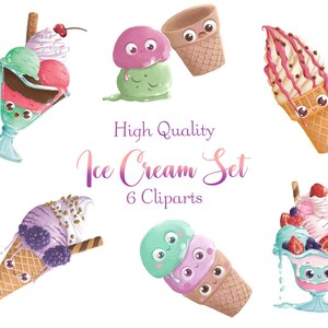 Cute Ice cream Cliparts • Sweet food stickers • Kawaii PNG • Summer clipart • Set of 6 Cliparts