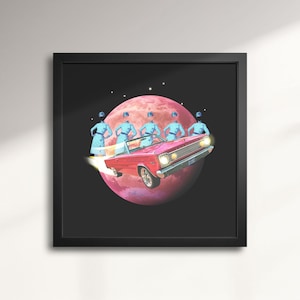 May include: A red convertible car drives on a pink planet with five blue figures standing in the back of the car. The background is a black starry sky.