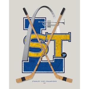 May include: A graphic design featuring the St. Louis Blues logo with the words "St. Louis" and "Established 1967" in a blue and yellow color scheme. The logo is set against a map of St. Louis with the Gateway Arch in the background. Two hockey sticks are crossed in front of the logo, and the words "Stanley Cup Champions 2019" are printed below.