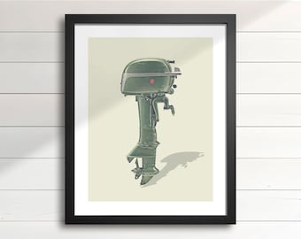 1951 Johnson Outboard Motor Art Print – 10HP Vintage Boat Engine, Retro Nautical Wall Decor for Cottage & Man Cave