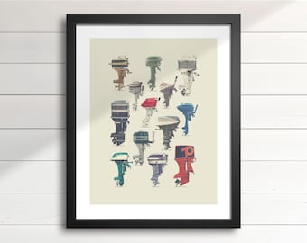 Vintage Outboard Motor Wall Art – Assorted 1940s-1970s Boat Engines (V2-Beige Version), Retro Cottage & Man Cave Decor