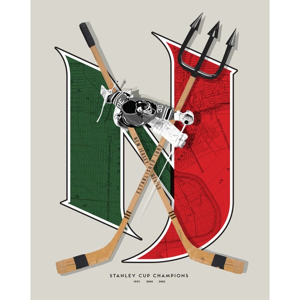 NHL New Jersey Devils-inspired Hockey Art Print featuring vintage hockey sticks and graphics reflecting the team's history