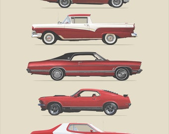 Vintage Ford Muscle Cars: Wall Art for Car Fans, Man Cave Art, Retro Automotive Art, 1950s, 60s, 70s, 80s Classic Cars