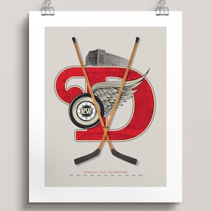 Detroit Red Wings Wall Art – Vintage-Style NHL Poster – Hockey Decor Featuring Olympia, Winged Wheel & Detroit Map – Red Wings Fan Gift