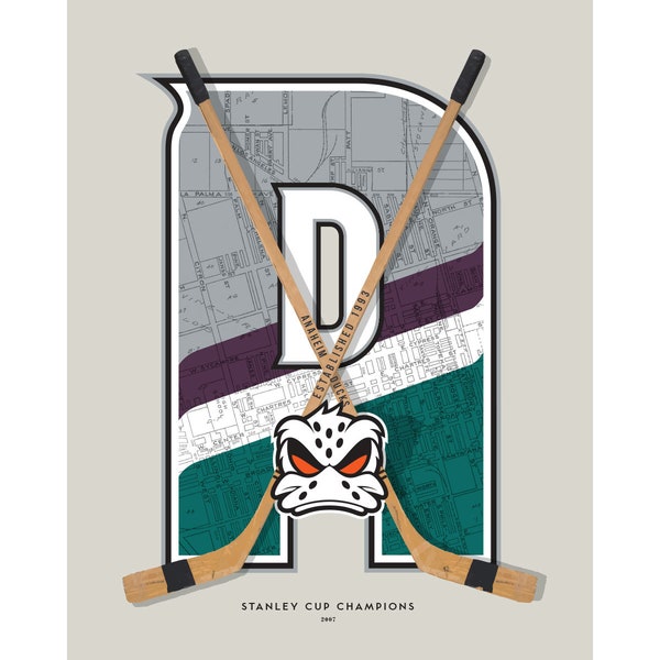 NHL Anaheim Ducks-inspired Hockey Art Print featuring vintage hockey sticks and graphics reflecting the team's history