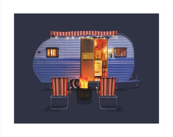 1954 Terry Camping Trailer. Digital painting of a vintage, mid-century modern trailer and accessories