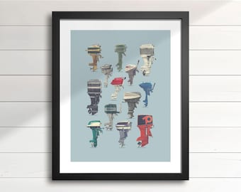Vintage Outboard Motor Art Print – Assorted 1940s-1970s Boat Motors (V2-Blue), Retro Cottage & Lake House Wall Decor, Nautical Man Cave Art