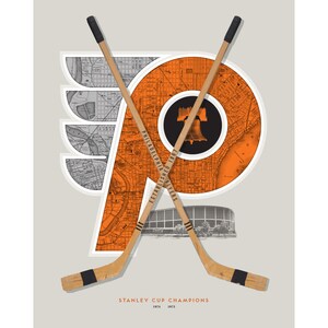 May include: A vintage-style poster featuring the Philadelphia Flyers NHL team logo. The logo is a stylised orange "P" with a black Liberty Bell inside a circle. The "P" is made up of a map of Philadelphia. Two crossed hockey sticks are in front of the logo. The text "ESTABLISHED 1897 PHILADELPHIA FLYERS" is on the logo. The text "STANLEY CUP CHAMPIONS 1974 1975" is at the bottom of the poster.