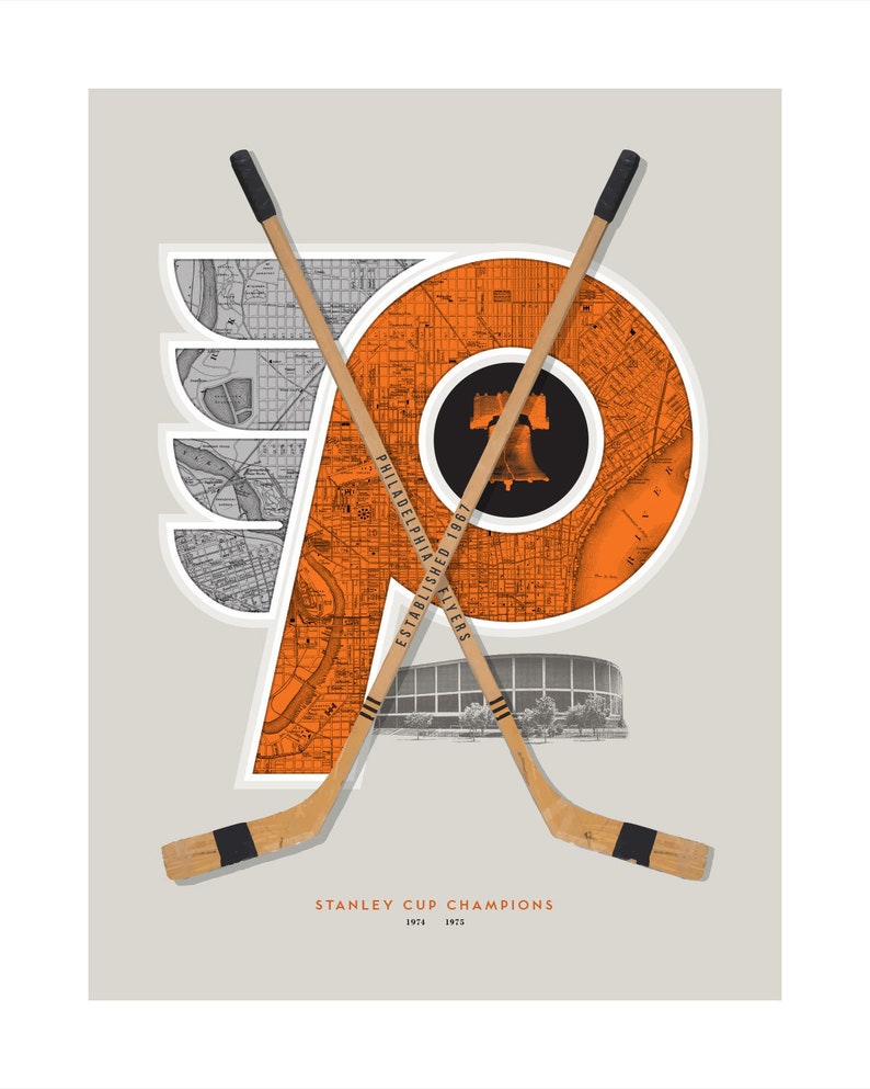 May include: A vintage-style poster featuring the Philadelphia Flyers NHL team logo. The logo is a stylised orange "P" with a black Liberty Bell inside a circle. The "P" is made up of a map of Philadelphia. Two crossed hockey sticks are in front of the logo. The text "ESTABLISHED 1897 PHILADELPHIA FLYERS" is on the logo. The text "STANLEY CUP CHAMPIONS 1974 1975" is at the bottom of the poster.