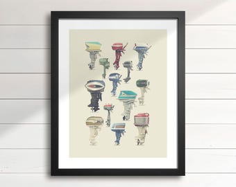 Vintage Outboard Motor Wall Art – 1940s-1970s Boat Motor Collection (V1-Beige), Rustic Cottage & Lake House Decor, Nautical Man Cave Art