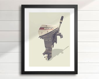 1970s Boat Motor Art Print – 1973 9.5HP Johnson Outboard, Retro Cottage Wall Decor, Lake House & Man Cave Nautical Art