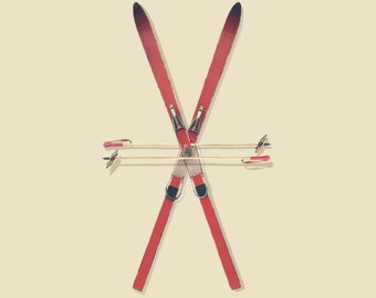 Vintage 1960s Downhill Skis Art Print: Cottage or Vacation Home Wall Art