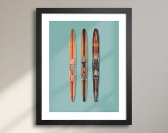 Vintage Slalom Water Skis Art Print – Retro Wooden Water Ski Wall Decor, Minimalist Lake House & Cottage Artwork