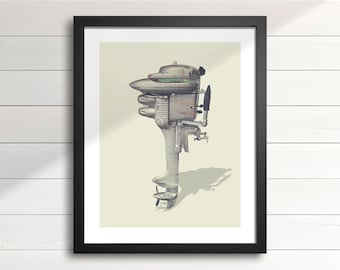 1940s Boat Motor Art Print – 1947 6HP Mercury KD4S, Vintage Outboard Motor Wall Decor, Cottage & Lake House Artwork