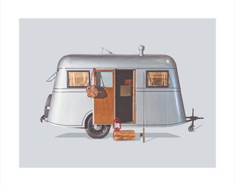 1937 Pierce Arrow Camping Trailer. Digital painting of a vintage, mid-century modern trailer and accessories