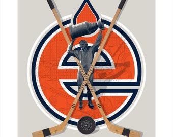 NHL Edmonton Oilers-inspired Hockey Art Print featuring vintage hockey sticks and graphics reflecting the team's history