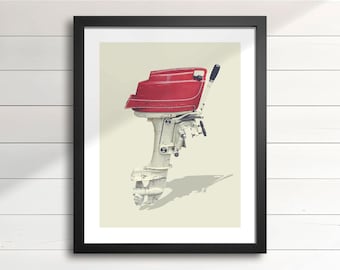 1950s Boat Motor Art Print – 1958 22HP Mercury Super Hurricane, Retro Outboard Motor Wall Decor for Cottage, Lake House & Man Cave