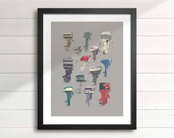 Vintage Outboard Motor Art Print – Assorted 1940s-1970s Boat Motors (V2-Grey), Cottage & Lake House Wall Decor, Nautical Man Cave Decor