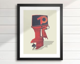1970s Boat Motor Art Print – 1974 70HP Johnson Stinger, Retro Nautical Wall Decor for Cottage, Lake House & Man Cave