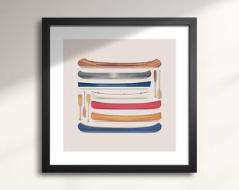 Classic Canoes & Paddles Wall Art – Off-White Version, Minimalist Rustic Decor for Cottage and Lake House