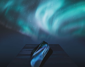 Northern Lights (Aurora Borealis) Art Print. Digital painting of a canoe on a dock reflecting the stars and night sky