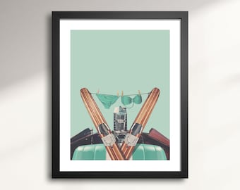 Retro Bikini and Water Skis Art Print – Fun Vintage Boat Wall Decor, Lake House and Cottage Artwork, Beach-Inspired Summer Vibes