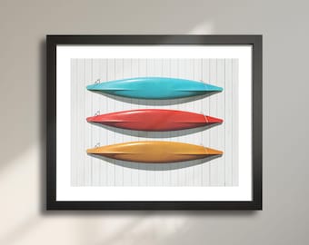 Three Canoes Wall Art – Colourful Canoes Hanging on Whitewashed Wall, Rustic Cottage & Lake House Artwork
