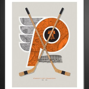 May include: A vintage-style illustration of the Philadelphia Flyers hockey team logo. The logo is a stylised orange "P" with a black outline, set against a map of Philadelphia. Two crossed hockey sticks are in front of the logo. The text "STANLEY CUP CHAMPIONS" is below the logo, with the years "1974" and "1975" underneath.