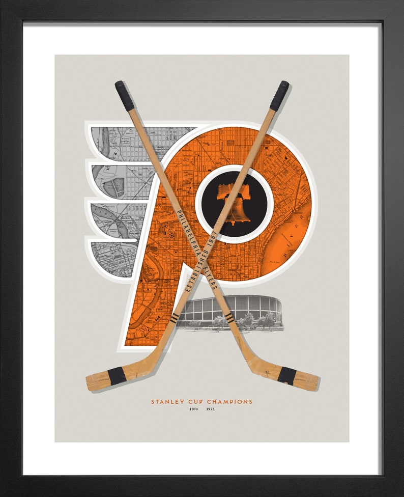 May include: A vintage-style illustration of the Philadelphia Flyers hockey team logo. The logo is a stylised orange "P" with a black outline, set against a map of Philadelphia. Two crossed hockey sticks are in front of the logo. The text "STANLEY CUP CHAMPIONS" is below the logo, with the years "1974" and "1975" underneath.