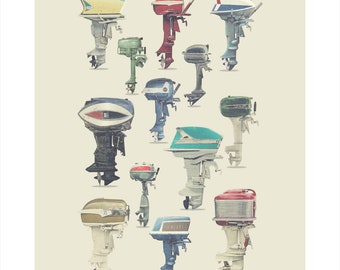 V1) Assorted Vintage Outboard Boat Motors: Cool Retro Art Print for the Cottage, Lake House, Beach House or Man cave Art (BEIGE VERSION)