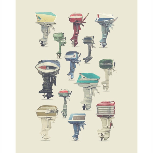 V1) Assorted Vintage Outboard Boat Motors: Cool Retro Art Print for the Cottage, Lake House, Beach House or Man cave Art (BEIGE VERSION)