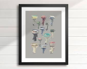Vintage Outboard Motor Art Print – Assorted 1940s-1970s Boat Motors (V1-Grey), Cottage & Lake House Wall Decor, Nautical Man Cave Art