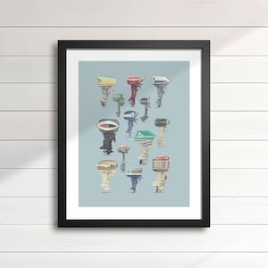 Décoration murale vintage de moteur hors-bord - Assortiment de moteurs de bateau des années 40 et 70 (version bleu V1,), décoration de cottage rétro et d'hommes des cavernes